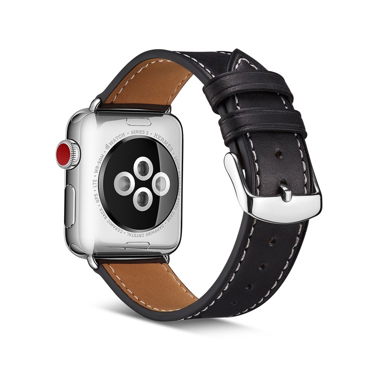 Top Layer Cowhide Leather Watch Band for Apple Watch Series 5 4 40mm, Series 3 / 2 / 1 38mm - Black-1