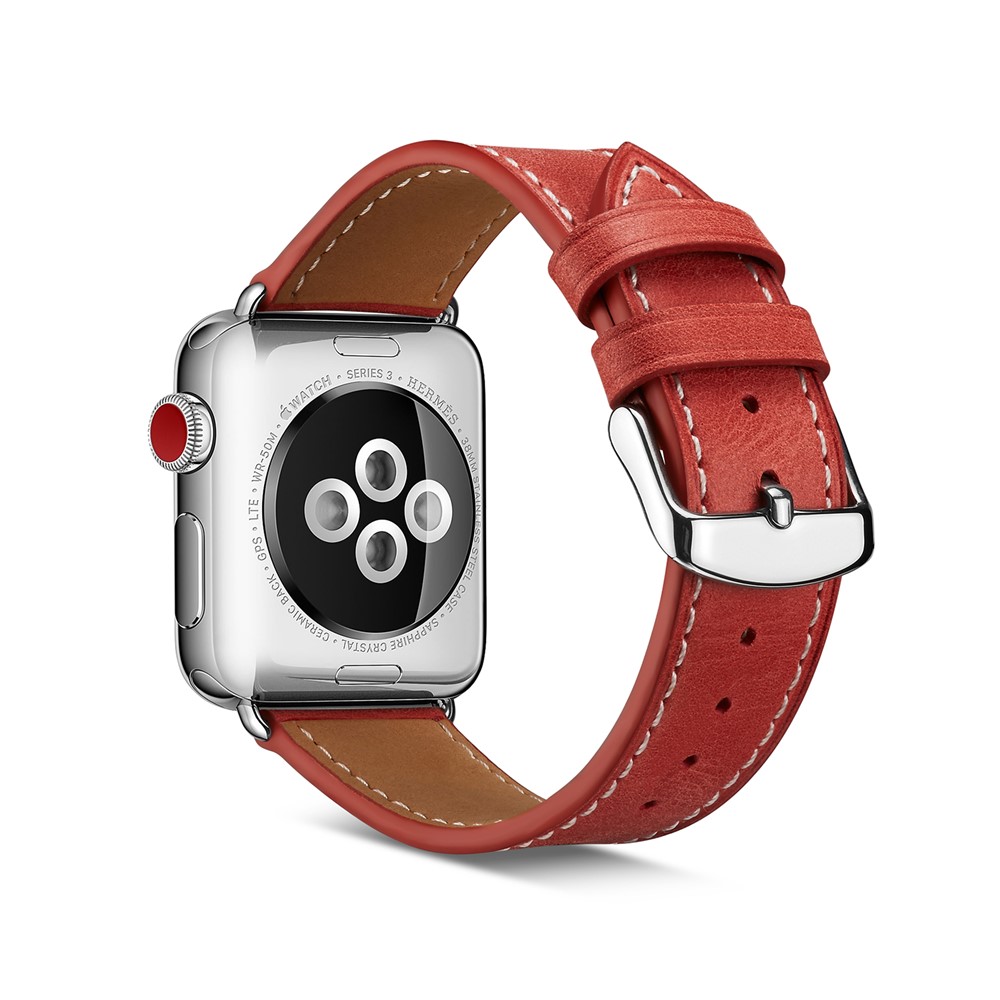 Top Layer Cowhide Leather Watch Strap Part Replacement for Apple Watch Series 4 44mm, Series 3 / 2 / 1 42mm - Red-1
