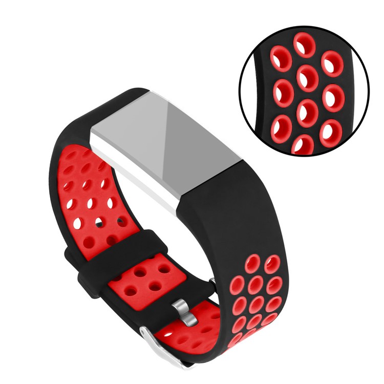 Bi-color Multihole Soft Silicone Sport Watch Strap for Fitbit Charge 2 - Red-1