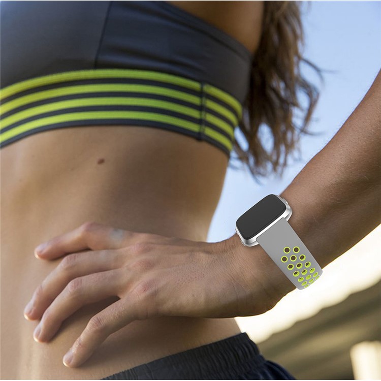 Dual-color Hollow Silicone Replacement Watch Band for Fitbit Versa - Grey / Green-4
