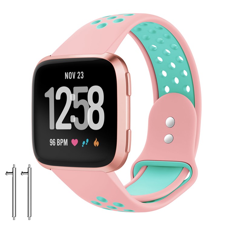 Dual-color Hollow Silicone Watch Band Strap for Fitbit Versa - Pink / Cyan-2
