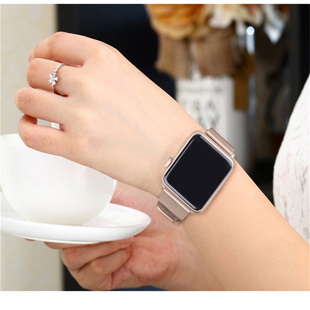 Faixa De Relógio De Pulso De Aço Inoxidável Milanese Clássico Fivela Para Apple Watch Série 3/2/1 38mm - Champanhe Ouro-4