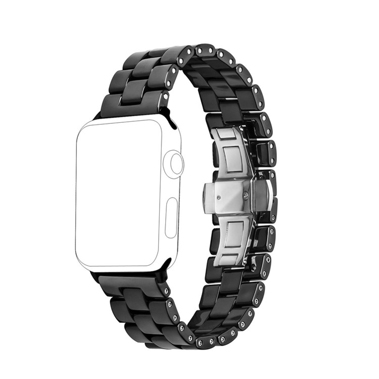 Three Beads Butterfly Buckle Ceramic Watch Band for Apple Watch Series 5 4 44mm/3/2/1 42mm - Black-2
