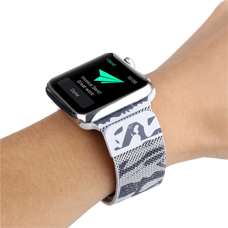 Für Apple Watch Serie 3 / 2 / 1 42mm Musterdruck Metall Milanese Armband - Tarnung / Hellgrau-3