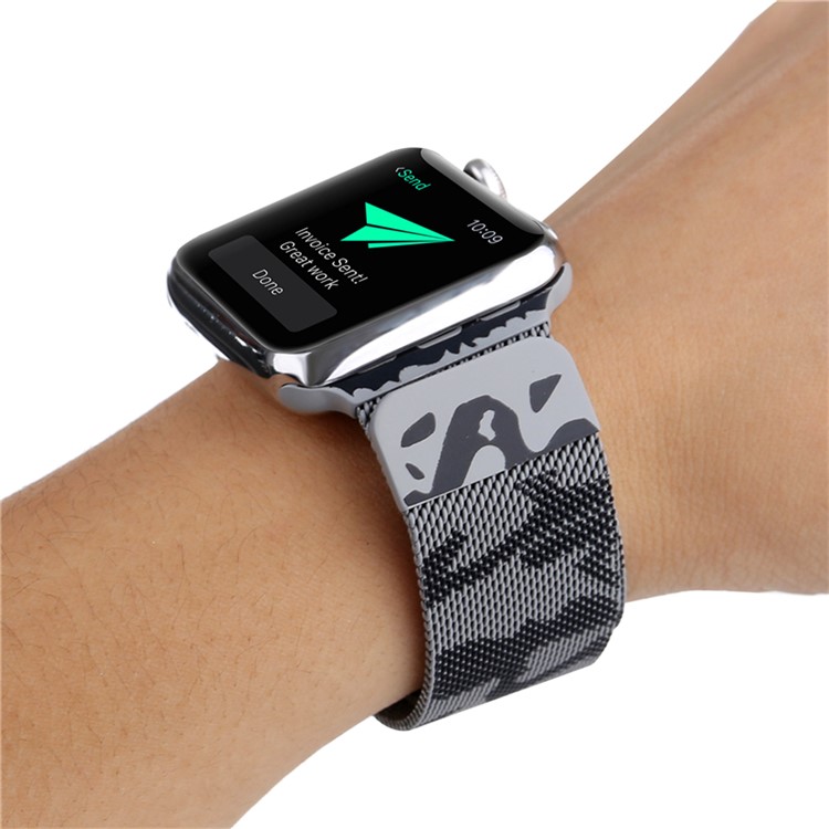 For Apple Watch Series 4 44mm, Series 3 / 2 / 1 42mm Pattern Printing Metal Milanese Wrist Watchband - Camouflage / Dark Grey-7