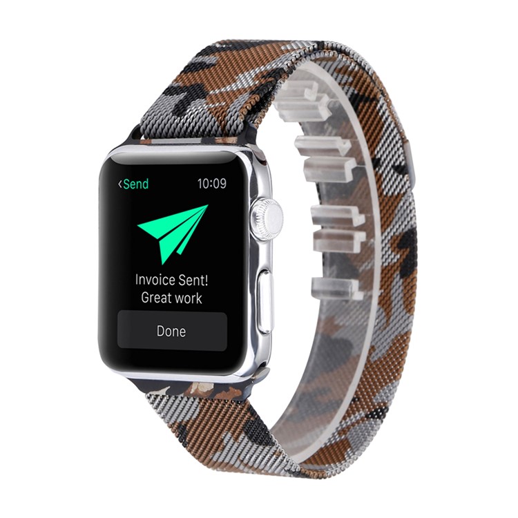 For Apple Watch Series 4 44mm, Series 3 / 2 / 1 42mm Pattern Printing Metal Milanese Watch Strap Replacement - Camouflage / Brown-2