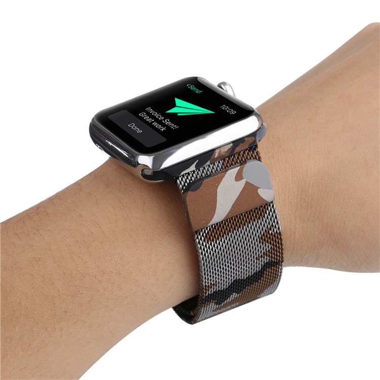 For Apple Watch Series 4 44mm, Series 3 / 2 / 1 42mm Pattern Printing Metal Milanese Watch Strap Replacement - Camouflage / Brown-7