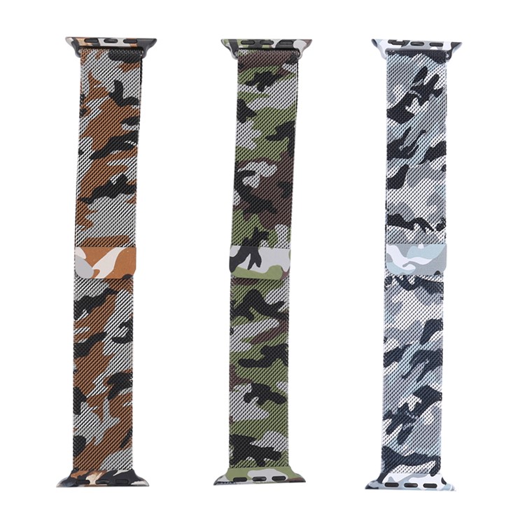 For Apple Watch Series 4 44mm, Series 3 / 2 / 1 42mm Pattern Printing Metal Milanese Watch Strap Replacement - Camouflage / Brown-8