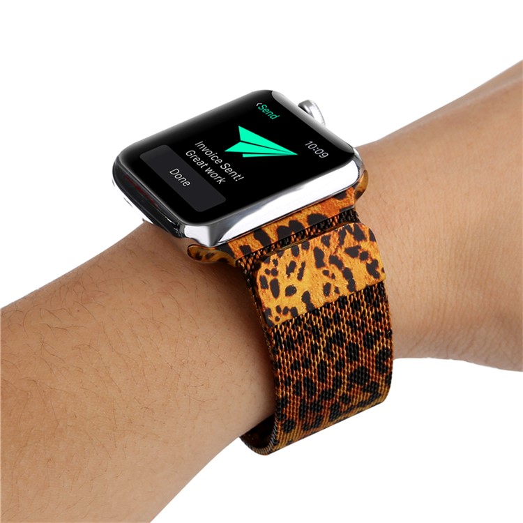 For Apple Watch Series 5 4 40mm/3/2/1 38mm Pattern Printing Magnetic Milanese Wrist Watch Strap - Leopard Pattern-9