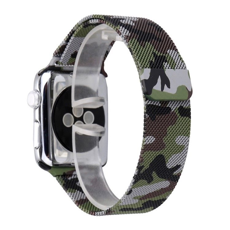 Für Apple Watch Serie 3 / 2 / 1 38mm Musterdruck Magnetischen Milanese Armband Band Ersatz - Tarnung / Armeegrün-1