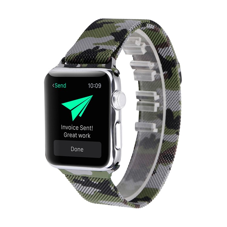 Für Apple Watch Serie 3 / 2 / 1 38mm Musterdruck Magnetischen Milanese Armband Band Ersatz - Tarnung / Armeegrün-2