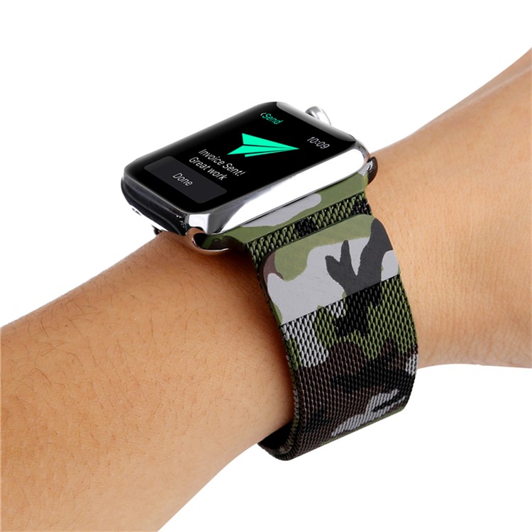 Für Apple Watch Serie 3 / 2 / 1 38mm Musterdruck Magnetischen Milanese Armband Band Ersatz - Tarnung / Armeegrün-7