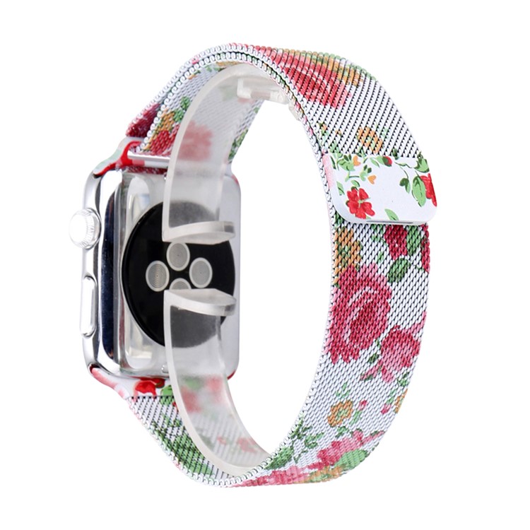 For Apple Watch Series 4 40mm/3/2/1 38mm Chic Pattern Printing Magnetic Milanese Wristwatch Strap - Rose Pattern-1