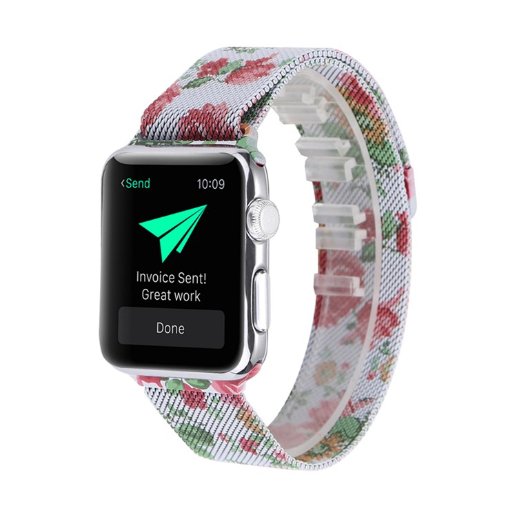 For Apple Watch Series 4 40mm/3/2/1 38mm Chic Pattern Printing Magnetic Milanese Wristwatch Strap - Rose Pattern-2