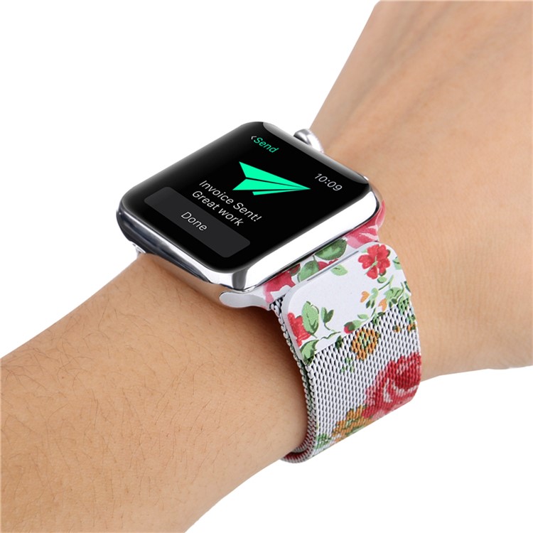 For Apple Watch Series 4 40mm/3/2/1 38mm Chic Pattern Printing Magnetic Milanese Wristwatch Strap - Rose Pattern-7