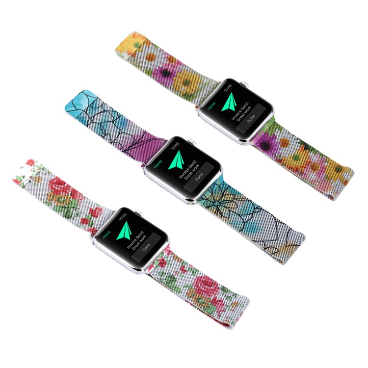 For Apple Watch Series 4 40mm/3/2/1 38mm Chic Pattern Printing Magnetic Milanese Wristwatch Strap - Rose Pattern-8