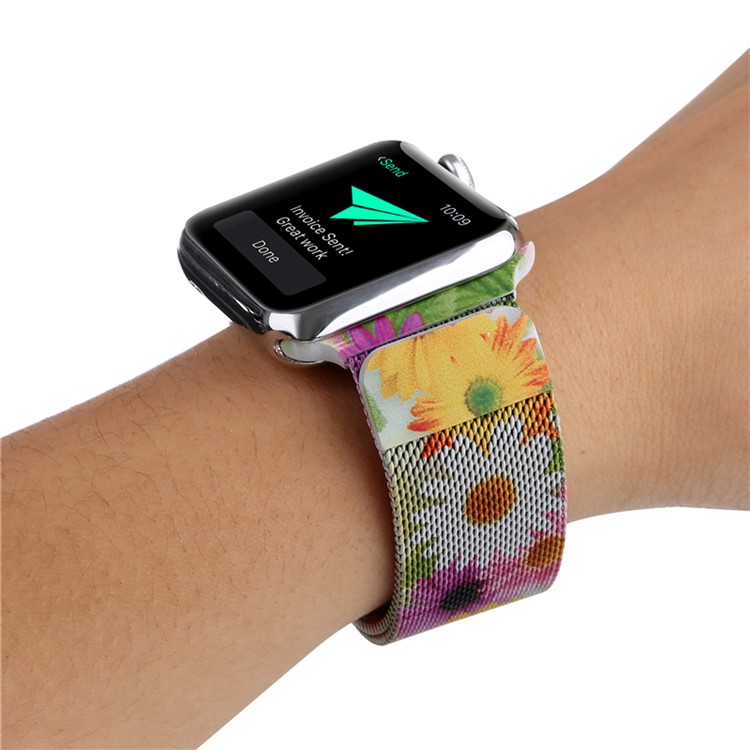For Apple Watch Series 4 40mm/3/2/1 38mm Pattern Printing Magnetic Replacement Milanese Wrist Watch Band - Sunflower Pattern-7