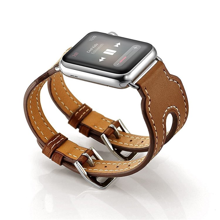 Classic Double Buckle PU Leather Replacement Wrist Watch Strap for Watch Series 3 / 2 / 1 38mm - Brown-4