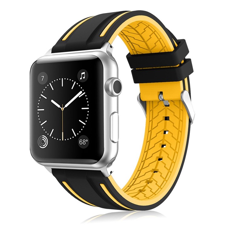 Two-color Silicon Watch Wrist Strap Replace Part for Apple Watch Series 3 / 2 / 1 42mm - Black + Yellow-2