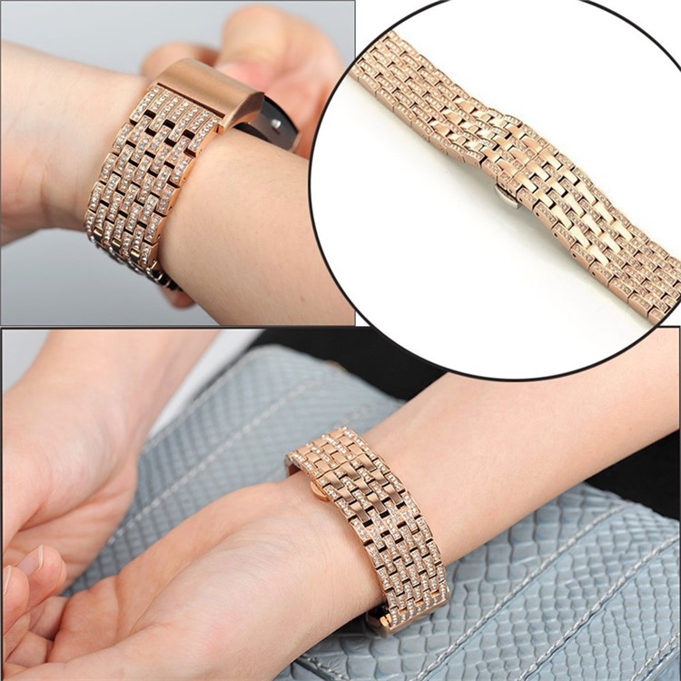 Strass Brilhante Decoração De Faixa De Relógio De Metal De Substituição Com Borboleta De Curvatura Para O Fitbit Carga 2 - Ouro Rosa-3