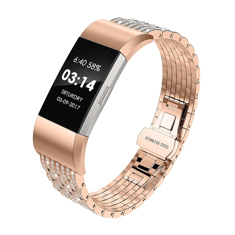 Strass Brilhante Decoração De Faixa De Relógio De Metal De Substituição Com Borboleta De Curvatura Para O Fitbit Carga 2 - Ouro Rosa-5