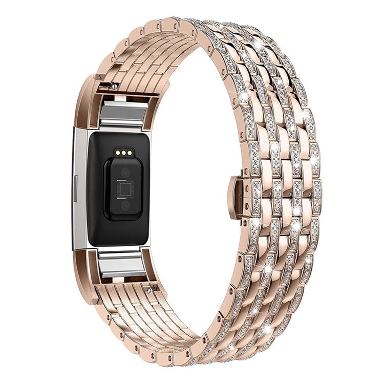 Strass Brilhante Decoração De Faixa De Relógio De Metal De Substituição Com Borboleta De Curvatura Para O Fitbit Carga 2 - Ouro Rosa-7