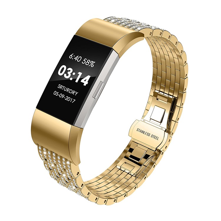 Shiny Rhinestone Decor Metal Watch Strap Replacement with Butterfly Buckle for Fitbit Charge 2 - Gold-11