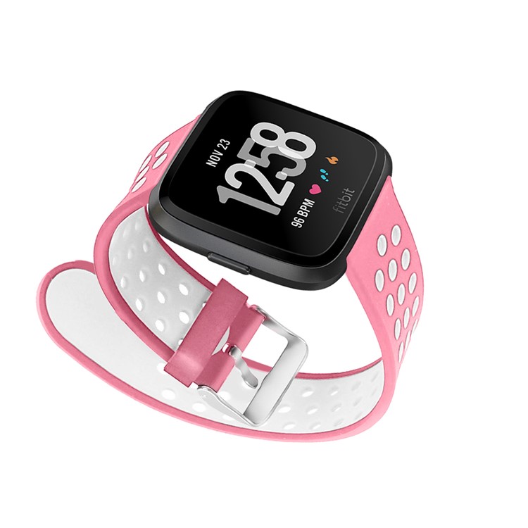Hollow Bi-color Soft Silicone Watch Band for Fitbit Versa - White / Pink-11