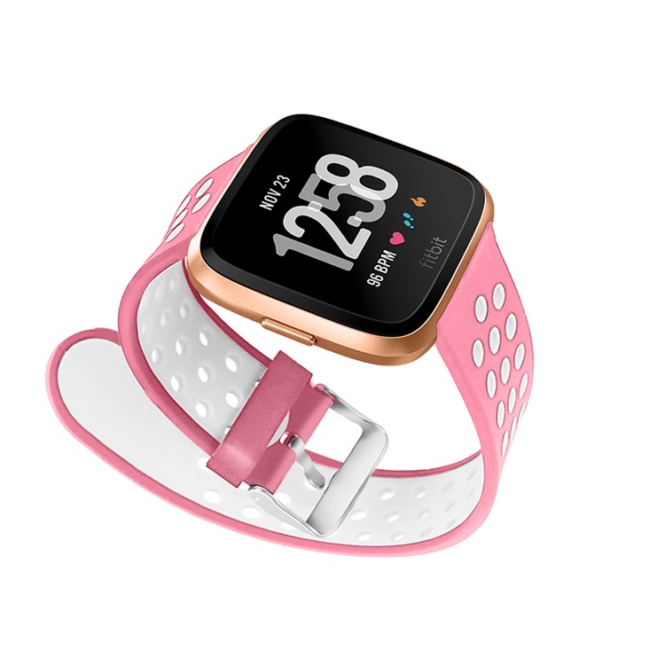 Hollow Bi-color Soft Silicone Watch Band for Fitbit Versa - White / Pink-12