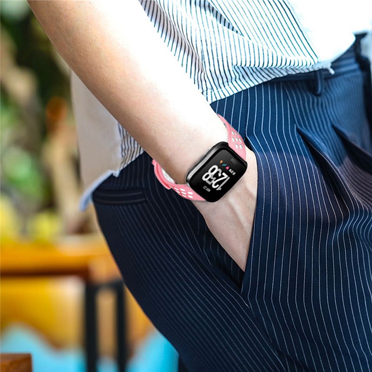Hollow Bi-color Soft Silicone Watch Band for Fitbit Versa - White / Pink-15