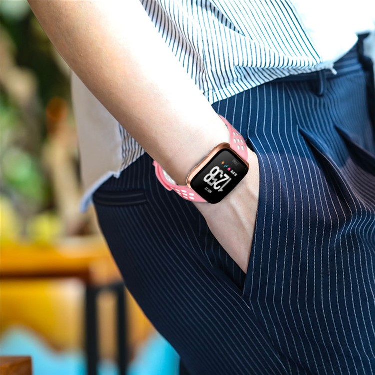 Hollow Bi-color Soft Silicone Watch Band for Fitbit Versa - White / Pink-16