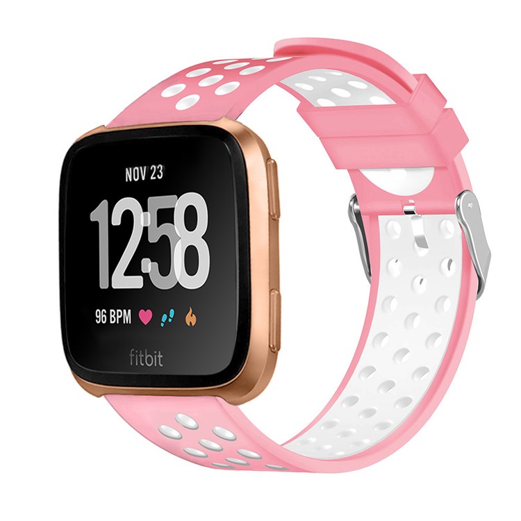 Hollow Bi-color Soft Silicone Watch Band for Fitbit Versa - White / Pink-2
