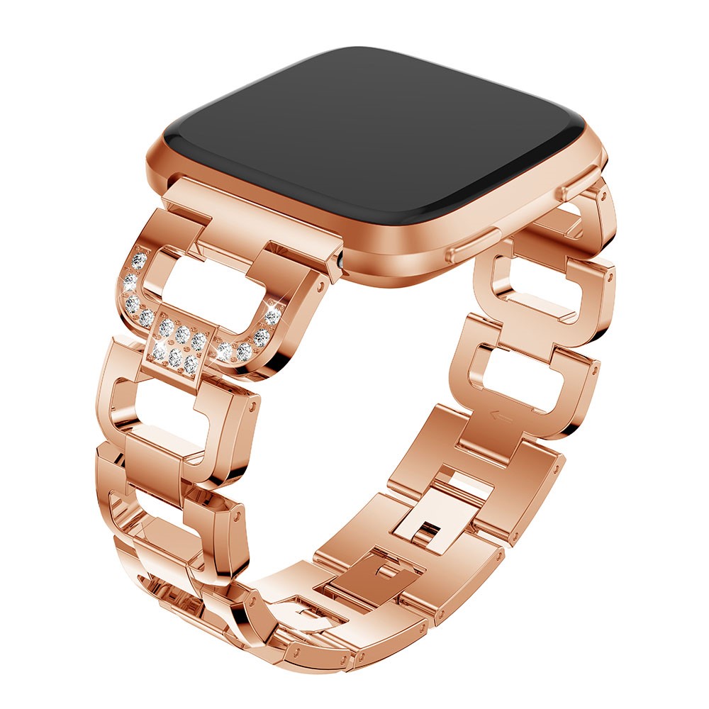 Alça De Pulso Da Faixa Do Relógio Da Liga Da Decoração Do Cristal De Rocha Da D-forma Para O Versa Do Fitbit - Rosa Ouro-2