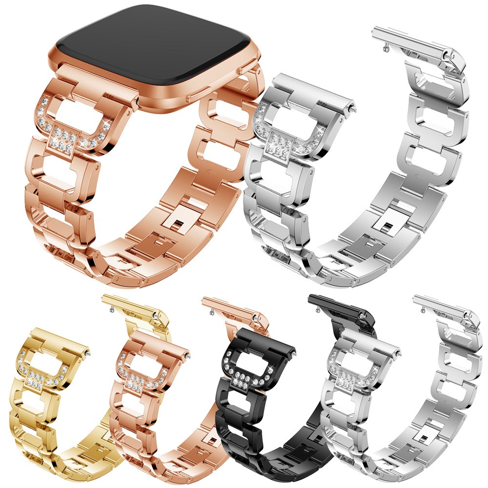 Alça De Pulso Da Faixa Do Relógio Da Liga Da Decoração Do Cristal De Rocha Da D-forma Para O Versa Do Fitbit - Rosa Ouro-6