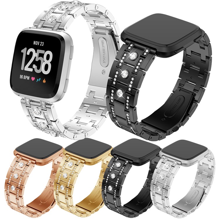 H-shape Rhinestone Decor Alloy Watch Band for Fitbit Versa - Black-7