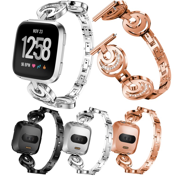Cinta De Relógio De Liga De Diamante Cintilante Com Adaptadores De Terminais Para Fitbit Versa - Preto-7