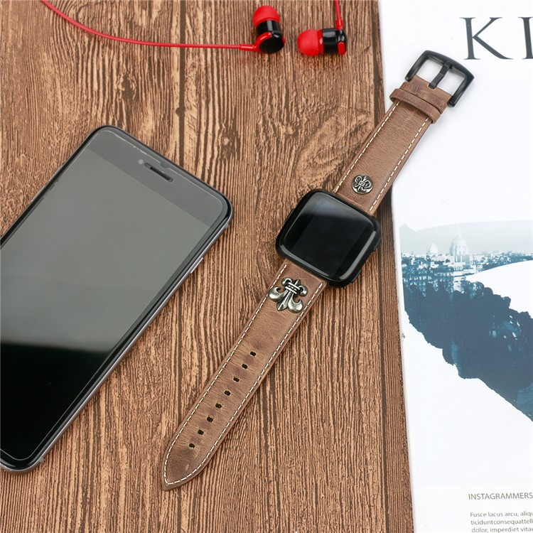 Top Layer Cowhide Leather Watch Strap for Fitbit Versa - Dark Brown-5