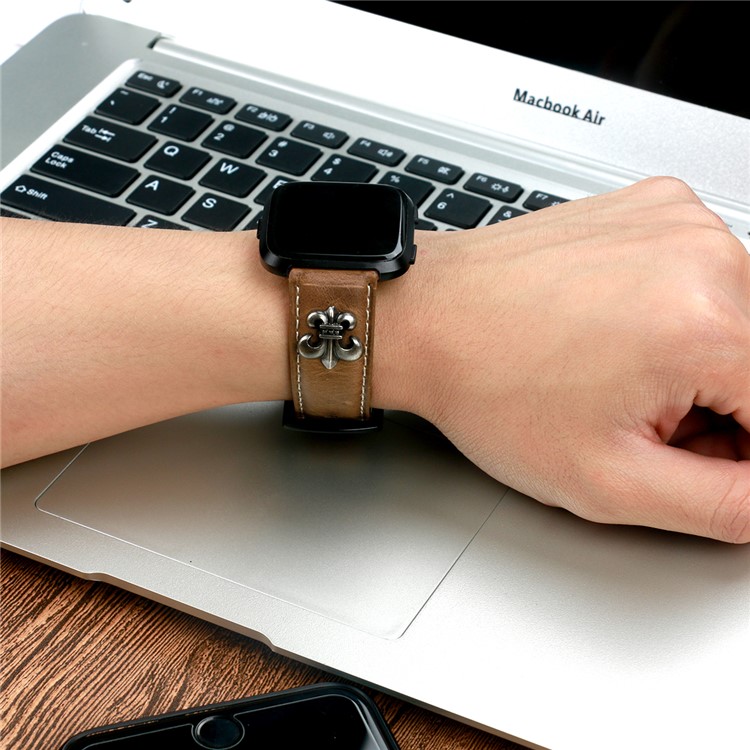 Top Layer Cowhide Leather Watch Strap for Fitbit Versa - Dark Brown-6