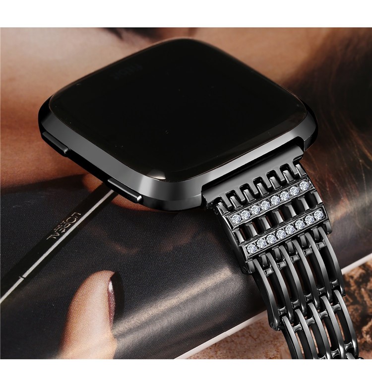 Bande De Montre En Métal Strass Strass Pour Fitbit Versa - Noir-5