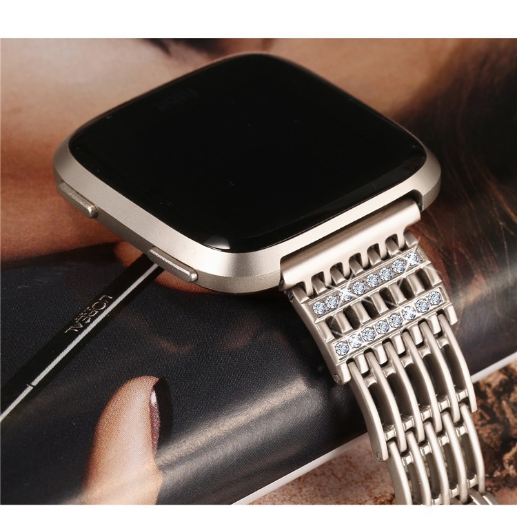 Stripe Rhinestone Decor Metal Watch Strap Replacement for Fitbit Versa - Gold-4