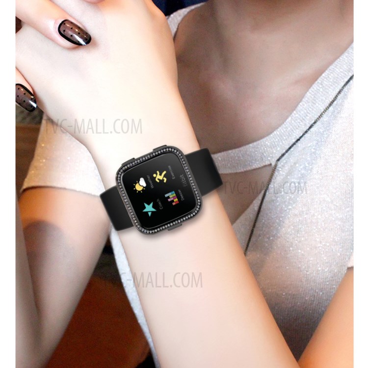 Single Row Rhinestone Decoration Aluminium Alloy Metal Frame Cover for Fitbit Versa - Black-10