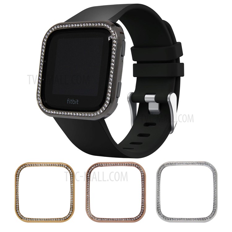 Single Row Rhinestone Decoration Aluminium Alloy Metal Frame Cover for Fitbit Versa - Black-11