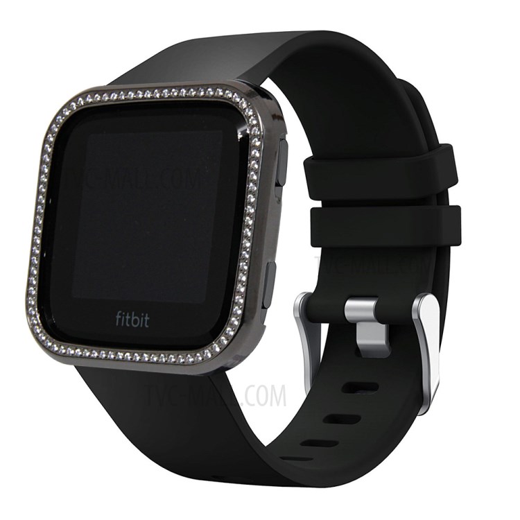 Single Row Rhinestone Decoration Aluminium Alloy Metal Frame Cover for Fitbit Versa - Black-8