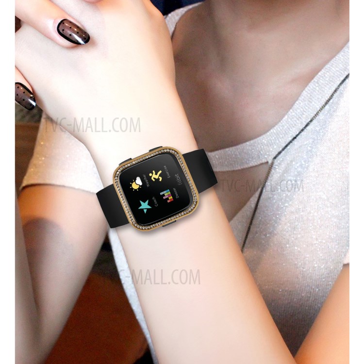 Single Row Rhinestone Decoration Aluminium Alloy Frame Protective Case Cover for Fitbit Versa - Gold-10