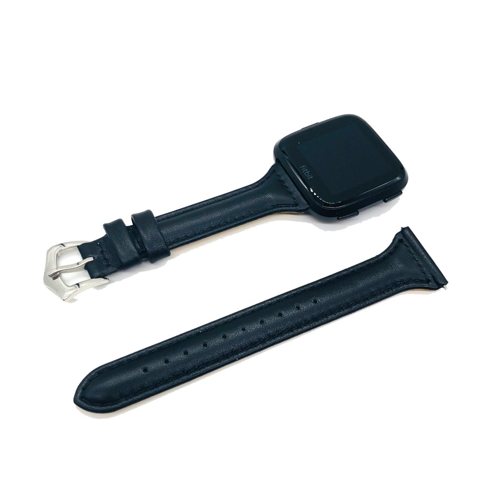 Full Grain Cowhide Leather Wrist Watch Strap for Fitbit Versa - Black-2