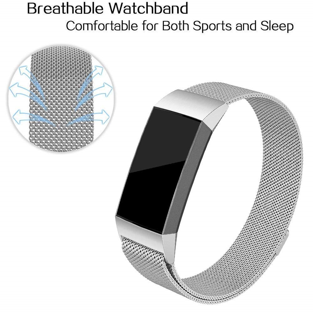 Luxury Milanese Stainless Steel Magnetic Watch Band for Fitbit Charge 3 - Size: L / Silver-4