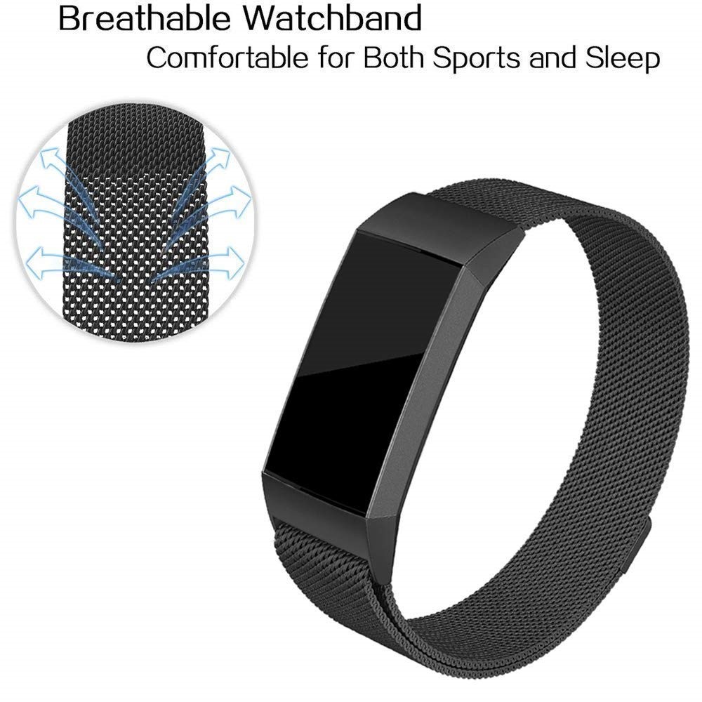 Luxury Milanese Stainless Steel Magnetic Watch Strap for Fitbit Charge 3 - Size: L / Black-3