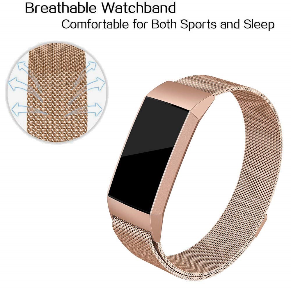 Substituição Magnética Milanese De Aço Inoxidável Luxuosa Da Correia Do Relógio Para A Carga Do Fitbit 3 - Tamanho: L / Rosa Ouro-3