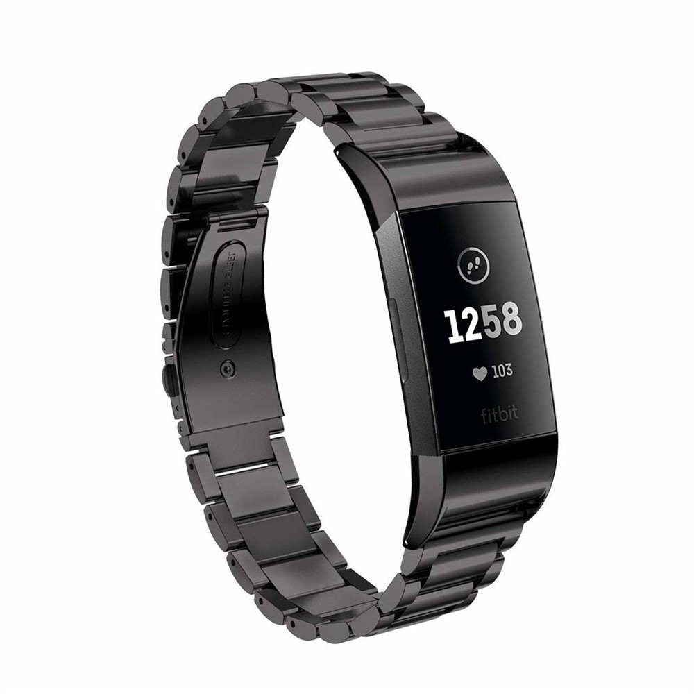 Solid Stainless Steel Wrist Watch Strap Butterfly Buckle for Fitbit Charge 3 - Black-2