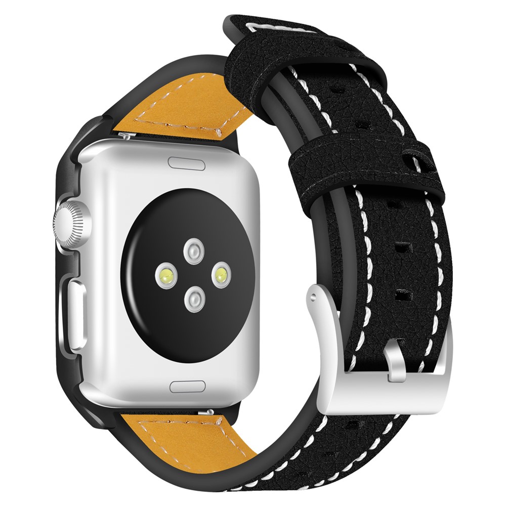 Genuine Leather Stainless Steel Buckle Watch Band for Apple Watch Series 3 / 2 / 1 38mm - Black-1